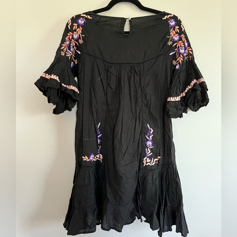 Free People Women's Black Cotton Embroidered Bell Sleeve Mini Dress Size S - Picture 4 of 4
